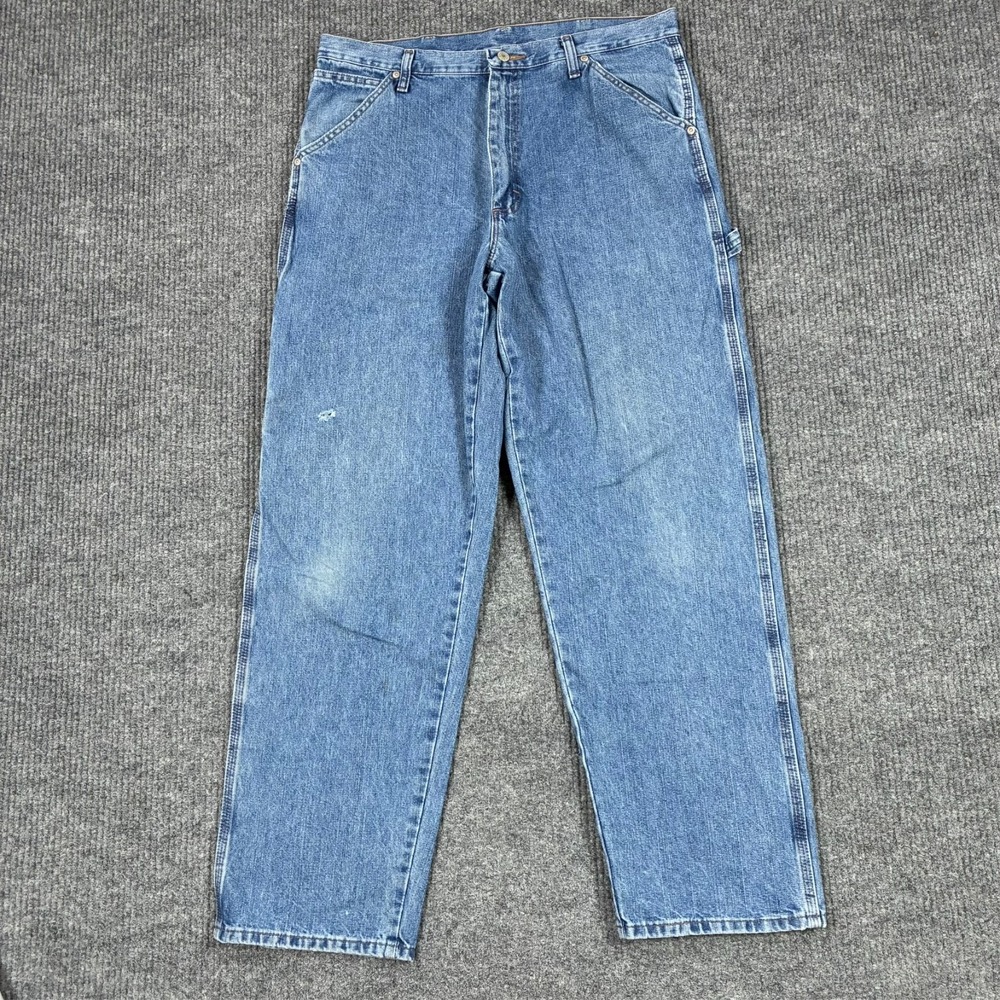 Wrangler Carpenter Jeans Mens 34x32 Light Wash Utility Workwear Denim Mid Rise